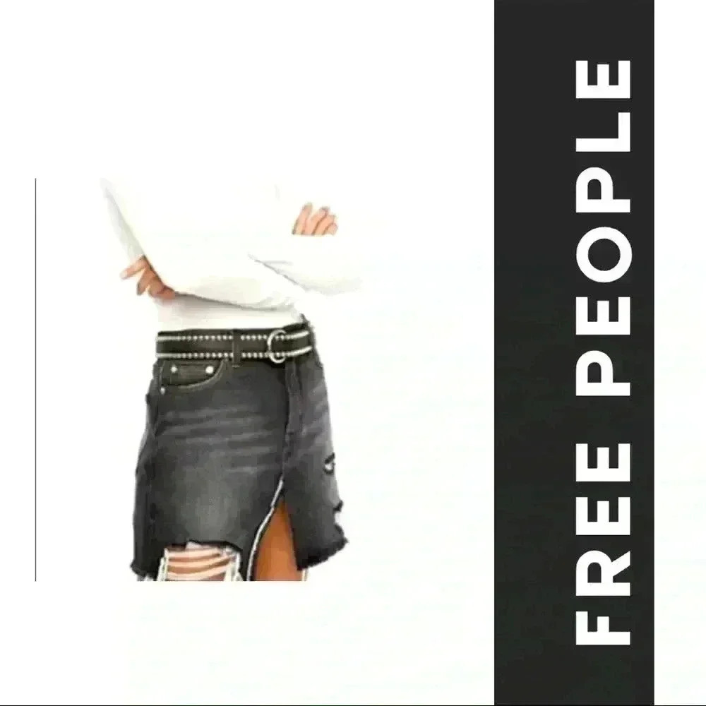 Free People We the Free Black Demin Destroyed Mini Skirt New with tags - Picture 2 of 8